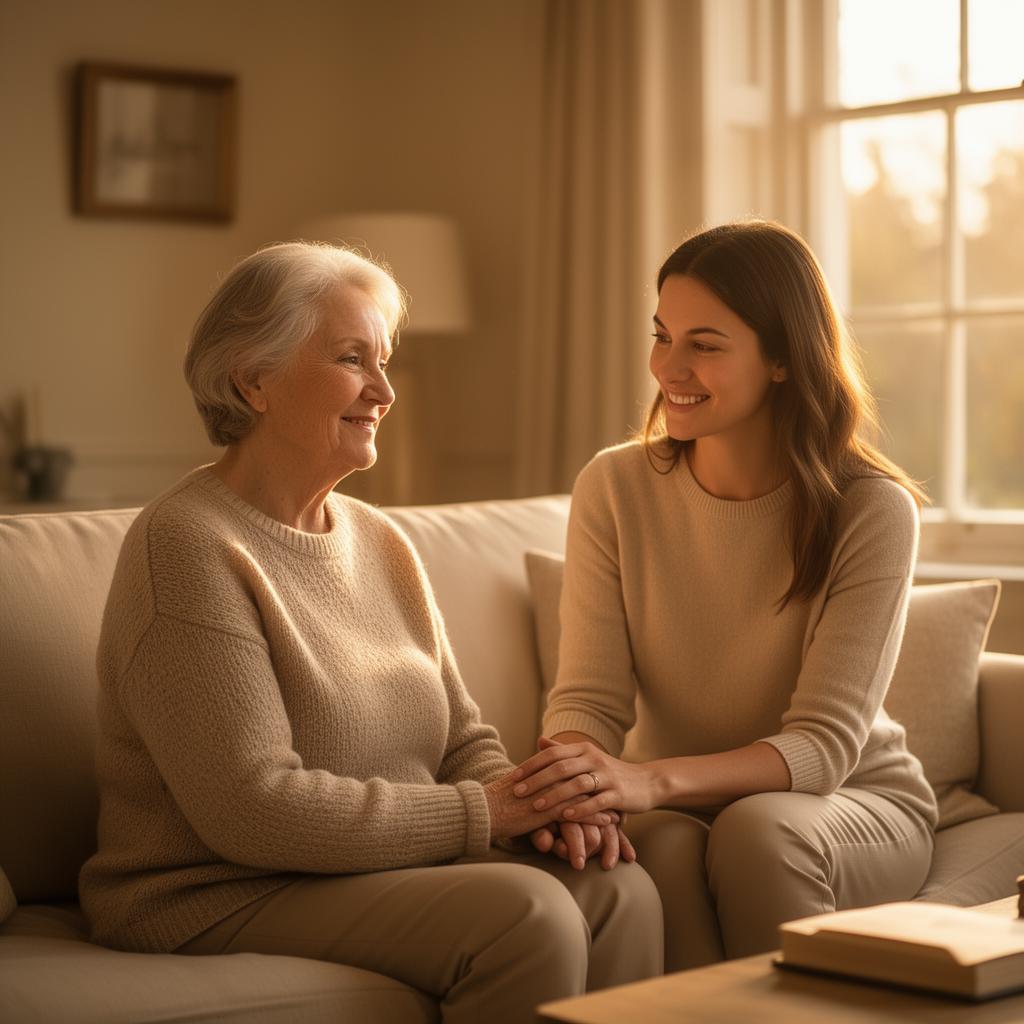 Caregiver sitting with a senior woman holding hands in a warm sunlit room